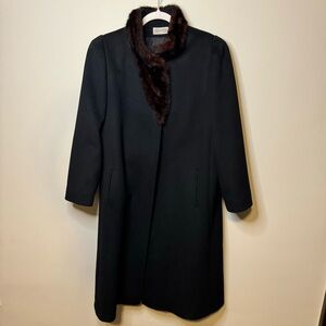 1970s Vintage Black Wool + Brown Asymmetric Mink Fur Classic Coat Alorna
